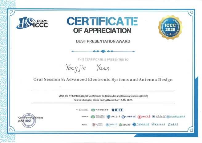 ICCC 2025 - Best Presentation Award Certificate