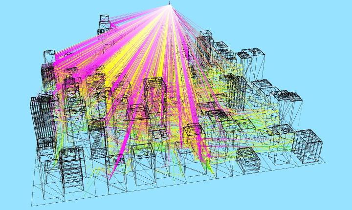 Visualization of ray paths in a simulation for characterizing wireless link in an urban environment